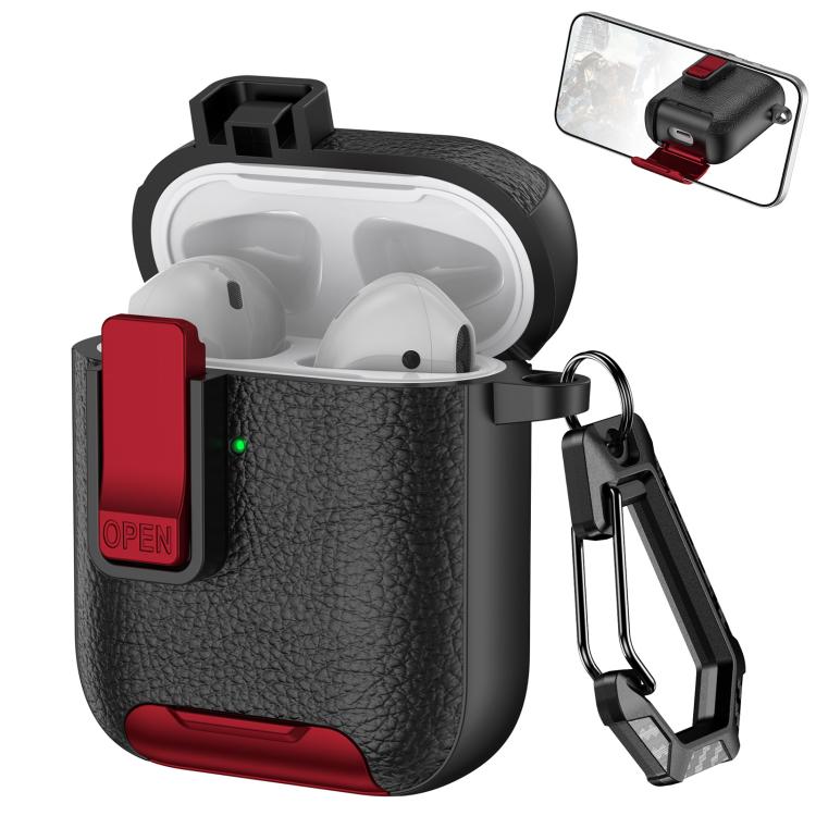 For AirPods 1 / 2 Leather Texture Wireless Earphones Case with Hook & Holder(Black Red)