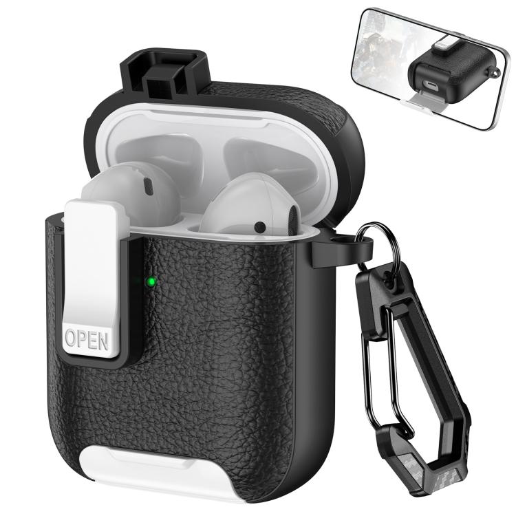 For AirPods 1 / 2 Leather Texture Wireless Earphones Case with Hook & Holder(Black White)