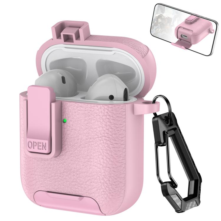 For AirPods 1 / 2 Leather Texture Wireless Earphones Case with Hook & Holder(Pink)