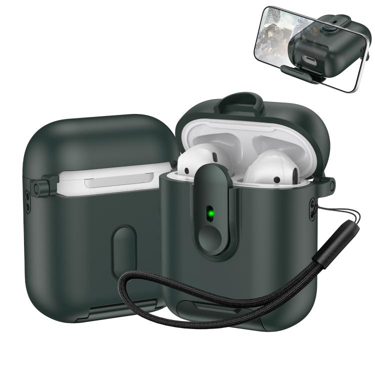 For AirPods 1 / 2 One-piece Holder Wireless Earphones Case with Lanyard(Army Green)