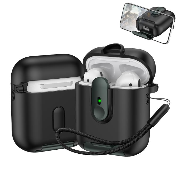 For AirPods 1 / 2 One-piece Holder Wireless Earphones Case with Lanyard(Black Army Green)