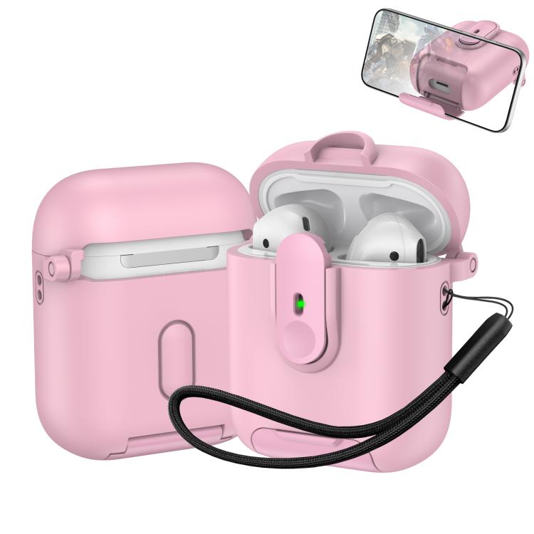 For AirPods 1 / 2 One-piece Holder Wireless Earphones Case with Lanyard(Pink)