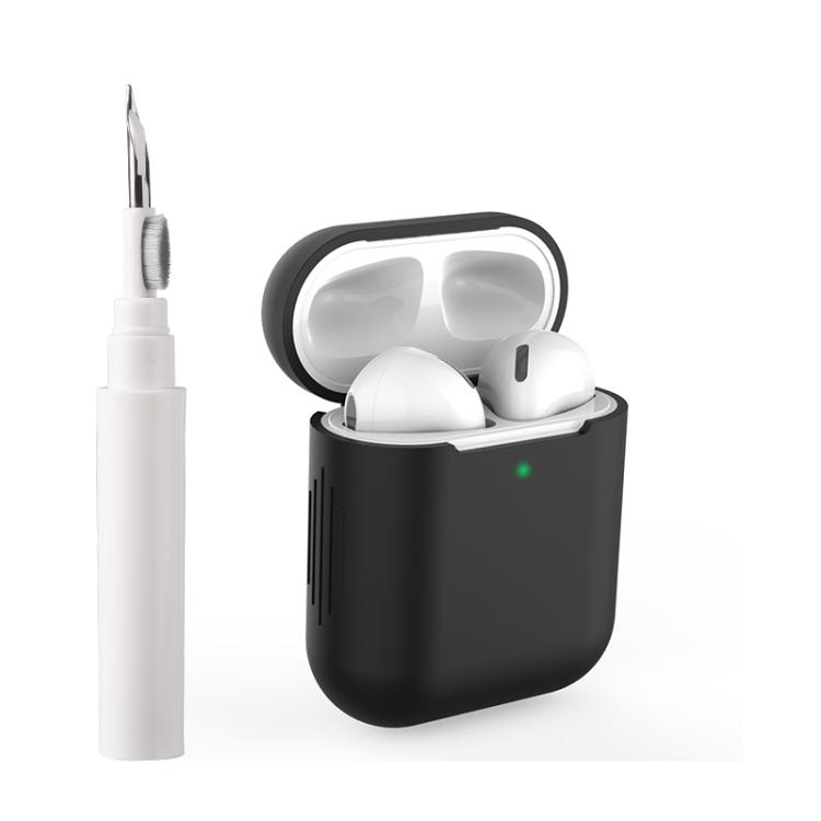 For AirPods 1 / 2 Silicone Buckleless Earphone Protective Case with Cleaning Pen(Black)