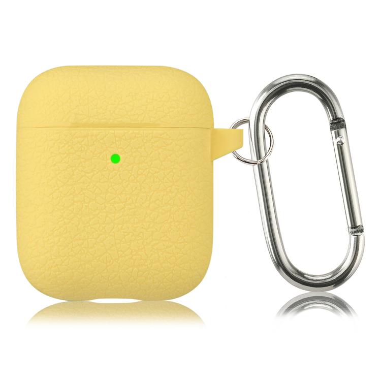 For AirPods 1 / 2 Simple Solid Color Litchi Texture Silicone Earphone Protective Case with Hook(Lemon Yellow)