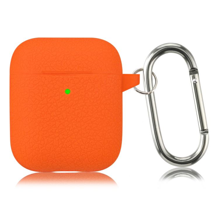 For AirPods 1 / 2 Simple Solid Color Litchi Texture Silicone Earphone Protective Case with Hook(Orange)