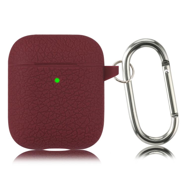 For AirPods 1 / 2 Simple Solid Color Litchi Texture Silicone Earphone Protective Case with Hook(Vermilion)