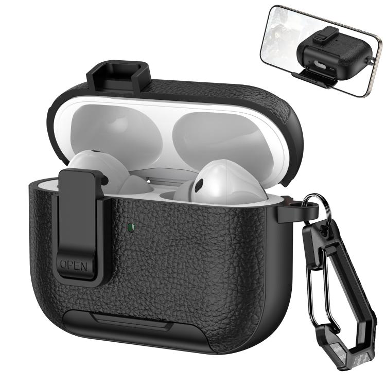 For AirPods Pro 3 Leather Texture Wireless Earphones Case with Hook & Holder(Black)
