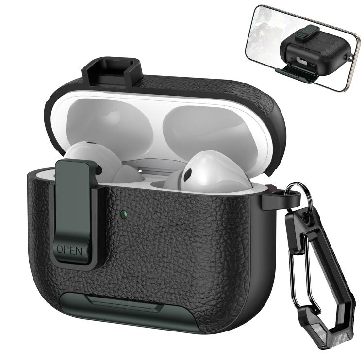 For AirPods Pro 3 Leather Texture Wireless Earphones Case with Hook & Holder(Black Army Green)