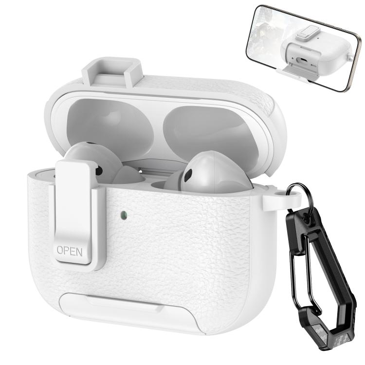 For AirPods Pro 3 Leather Texture Wireless Earphones Case with Hook & Holder(White)