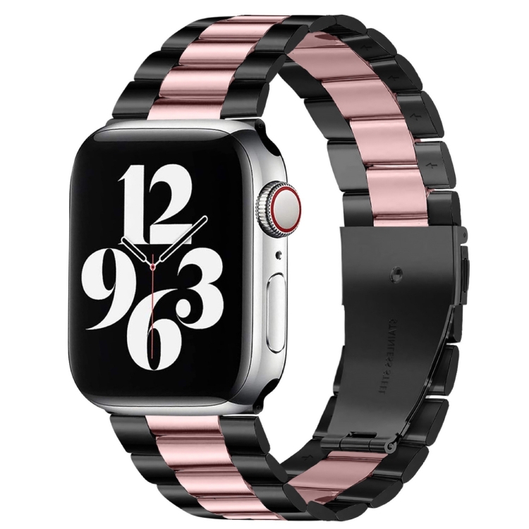 For Apple Watch Series 10 42mm / 9&8&7 41mm / SE 3&SE 2&6&SE&5&4 40mm / 3&2&1 38mm Fold Buckle 3 Beads Stainless Steel Watch Band (Black Pink)