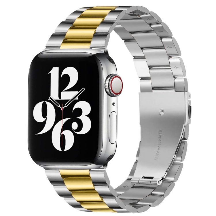 For Apple Watch Series 10 42mm / 9&8&7 41mm / SE 3&SE 2&6&SE&5&4 40mm / 3&2&1 38mm Fold Buckle 3 Beads Stainless Steel Watch Band (Gold + Silver)