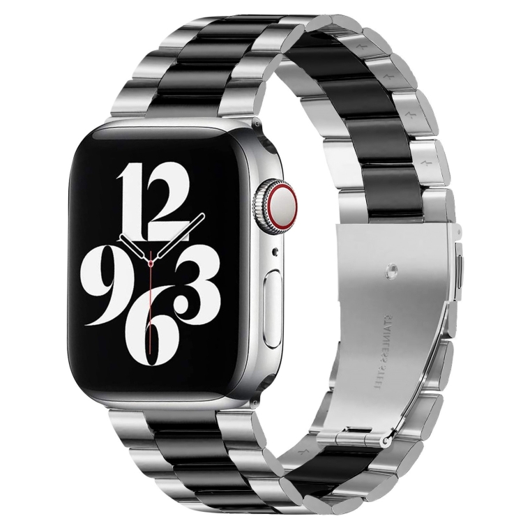 For Apple Watch Series 10 42mm / 9&8&7 41mm / SE 3&SE 2&6&SE&5&4 40mm / 3&2&1 38mm Fold Buckle 3 Beads Stainless Steel Watch Band (Silver Black)
