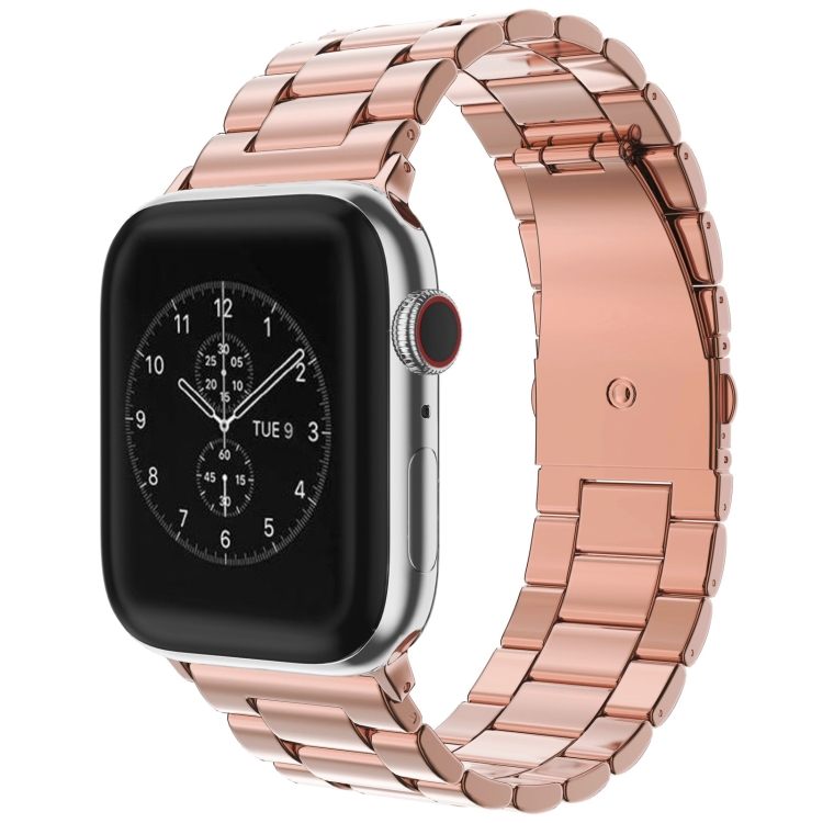 For Apple Watch Series 10 42mm / 9&8&7 41mm / SE 3&SE 2&6&SE&5&4 40mm / 3&2&1 38mm Fold Buckle 3 Beads Stainless Steel Watch Band(Rose Gold)