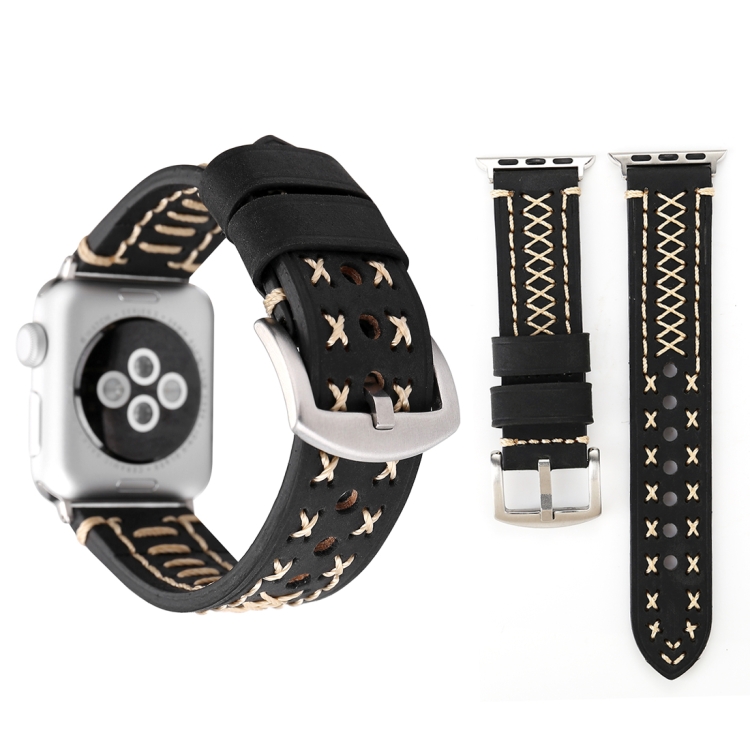 For Apple Watch Series 10 42mm / 9&8&7 41mm / SE 3&SE 2&6&SE&5&4 40mm / 3&2&1 38mm Manual Line Pattern Genuine Leather Wrist Watch Band(Black)