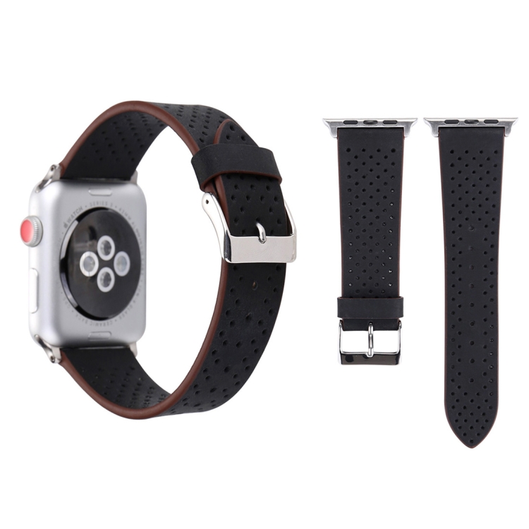 For Apple Watch Series 10 42mm / 9&8&7 41mm / SE 3&SE 2&6&SE&5&4 40mm / 3&2&1 38mm Simple Fashion Genuine Leather Hole Pattern Watch Band(Black)