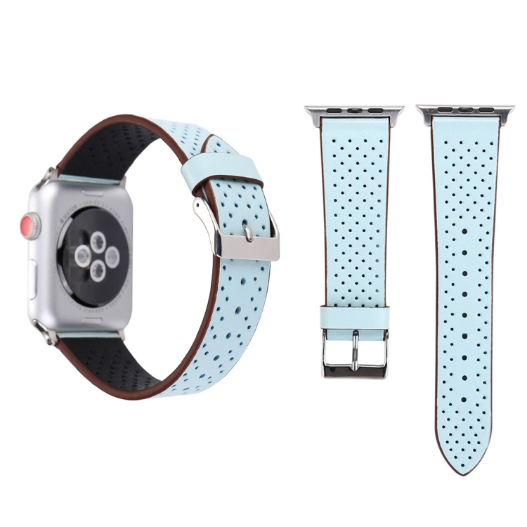 For Apple Watch Series 10 42mm / 9&8&7 41mm / SE 3&SE 2&6&SE&5&4 40mm / 3&2&1 38mm Simple Fashion Genuine Leather Hole Pattern Watch Band(Blue)