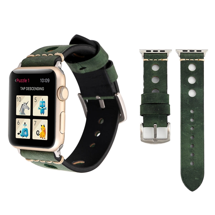 For Apple Watch Series 7 45mm / 6 & SE & 5 & 4 44mm / 42mm 3 & 2 & 1 Retro Hole Genuine Leather Wrist Watch Band(Green)