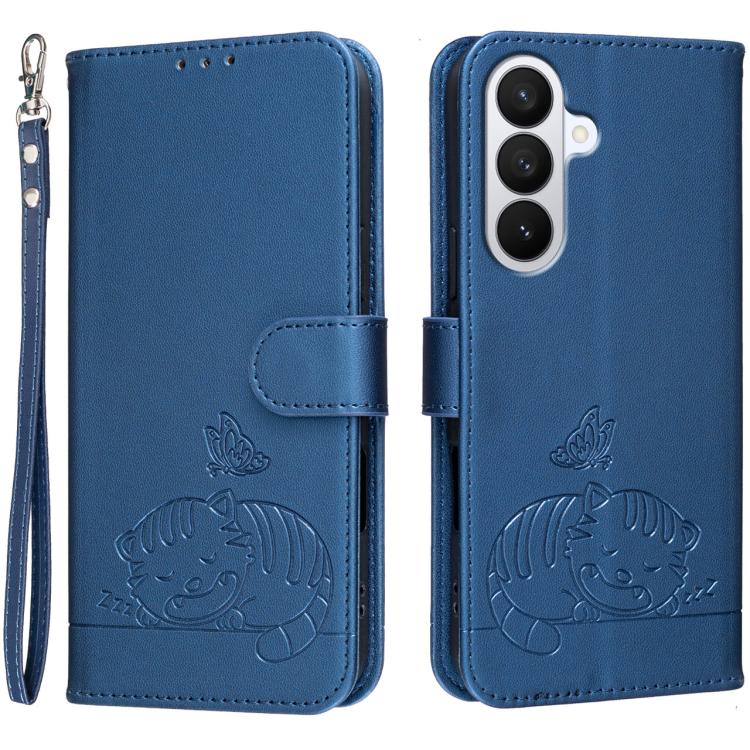 For Galaxy S26 5G Cat Butterfly Embossed RFID Vegan Leather Phone Case with Strap(Dark Blue)