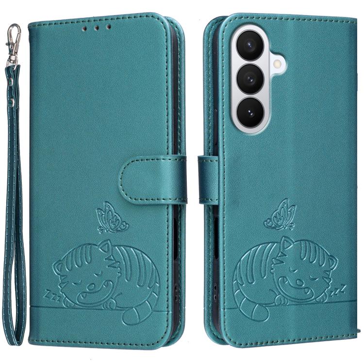 For Galaxy S26 5G Cat Butterfly Embossed RFID Vegan Leather Phone Case with Strap(Dark Green)