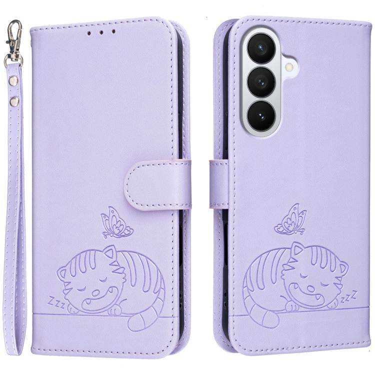 For Galaxy S26 5G Cat Butterfly Embossed RFID Vegan Leather Phone Case with Strap(Light Purple)