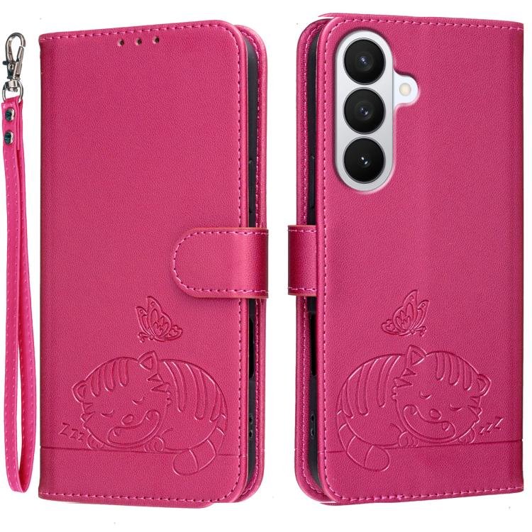 For Galaxy S26 5G Cat Butterfly Embossed RFID Vegan Leather Phone Case with Strap(Rose Red)