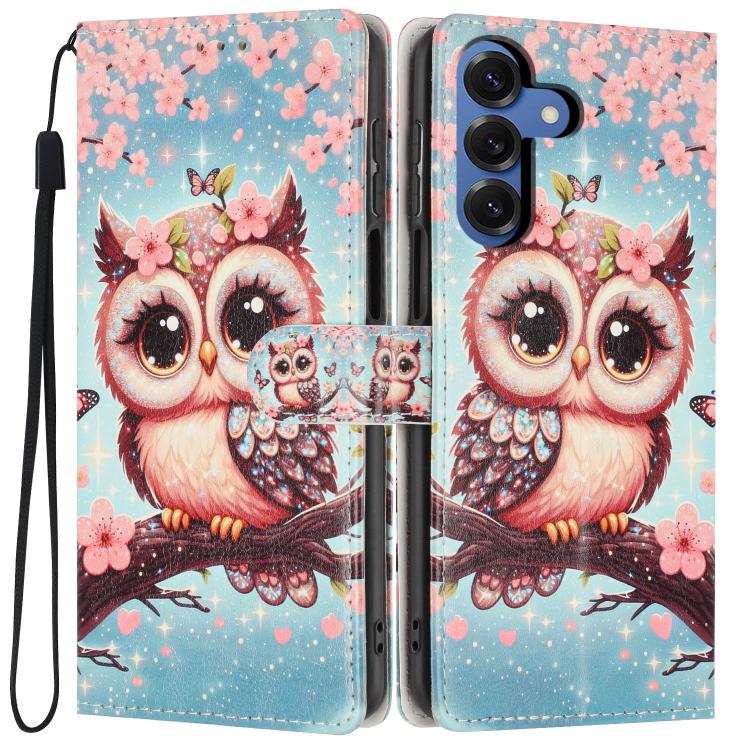 For Galaxy S26 5G Colorful Painting Vegan Leather Phone Case with Lanyard(Cherry Blossom Owl)