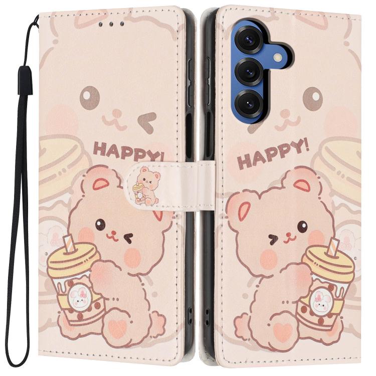 For Galaxy S26 5G Colorful Painting Vegan Leather Phone Case with Lanyard(Milk Tea Bear)