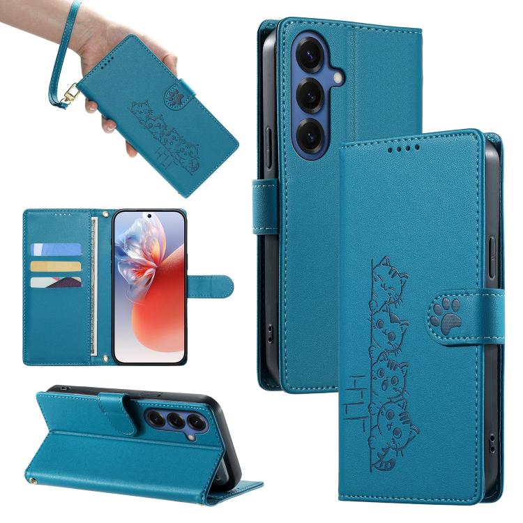 For Galaxy S26 5G Cute Cats Magnetic Closure Vegan Leather Phone Case with Strap(Blue)