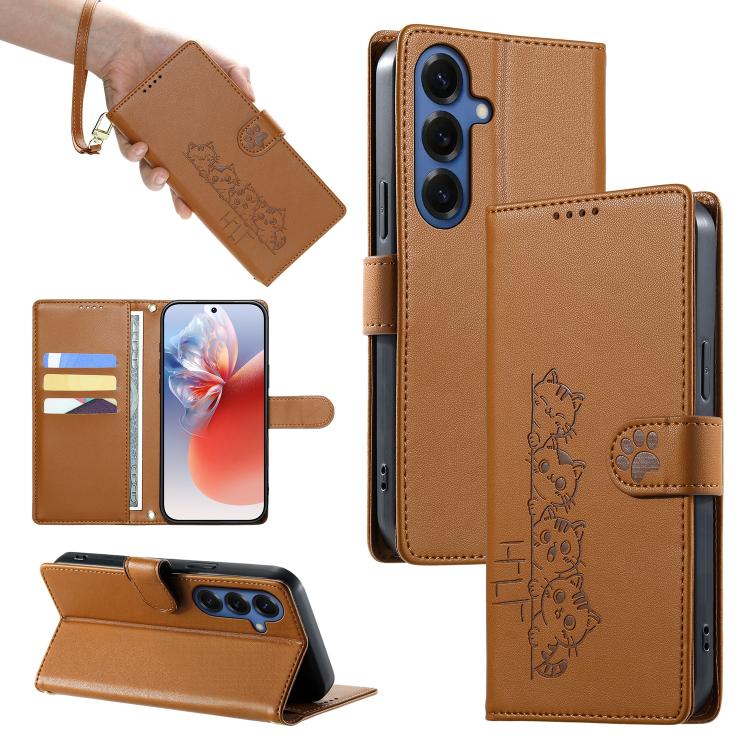For Galaxy S26 5G Cute Cats Magnetic Closure Vegan Leather Phone Case with Strap(Brown)