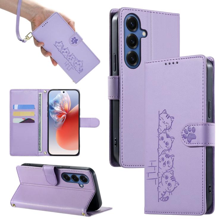 For Galaxy S26 5G Cute Cats Magnetic Closure Vegan Leather Phone Case with Strap(Purple)