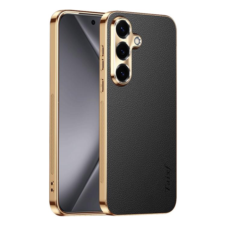 For Galaxy S26 5G Electroplated Frame Litchi Texture PC + TPU Vegan Leather Phone Case(Black)