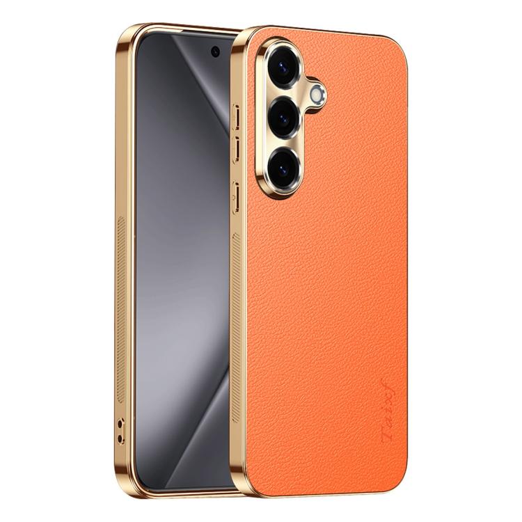 For Galaxy S26 5G Electroplated Frame Litchi Texture PC + TPU Vegan Leather Phone Case(Orange)
