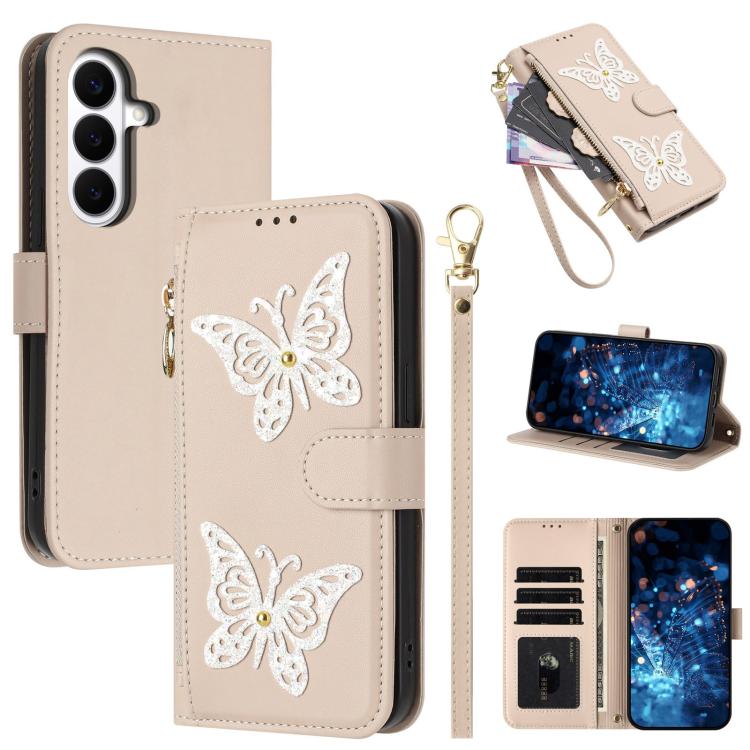 For Galaxy S26 5G Glitter Butterfly Zipper Vegan Leather Phone Case with Wrist Strap(Apricot)