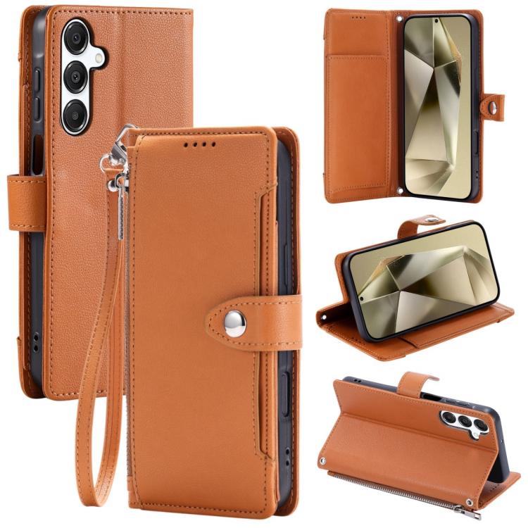 For Galaxy S26 5G Litchi Texture Zipper Wallet Buckle Vegan Leather Phone Case with Wrist Strap(Brown)