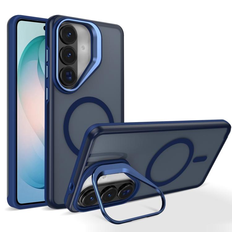 For Galaxy S26 5G Metal Camera Holder Skin Matte Magnetic Phone Case(Blue)