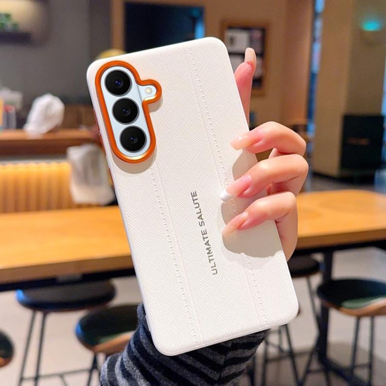 For Galaxy S26 5G Metal Camera Lens Frame Buttons Vegan Leather Phone Case(White)