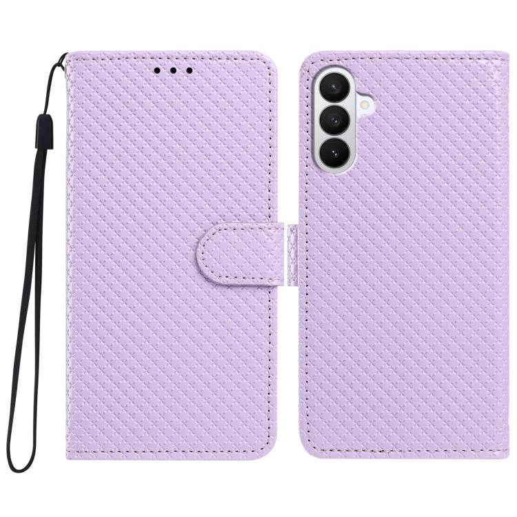 For Galaxy S26 5G Mirrored Buckle Vegan Leather Phone Case with Small Black Cord(Purple)