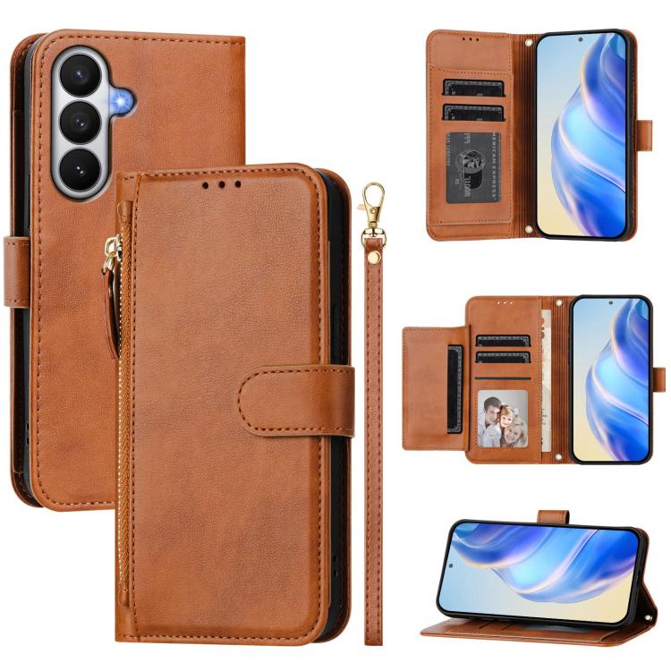 For Galaxy S26 5G Multi-Card Slots Zipper Wallet Leather Phone Case(Brown)