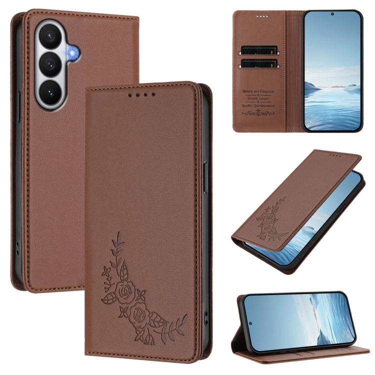 For Galaxy S26 5G Peony Embossed Magnetic RFID Vegan Leather Phone Case(Brown)