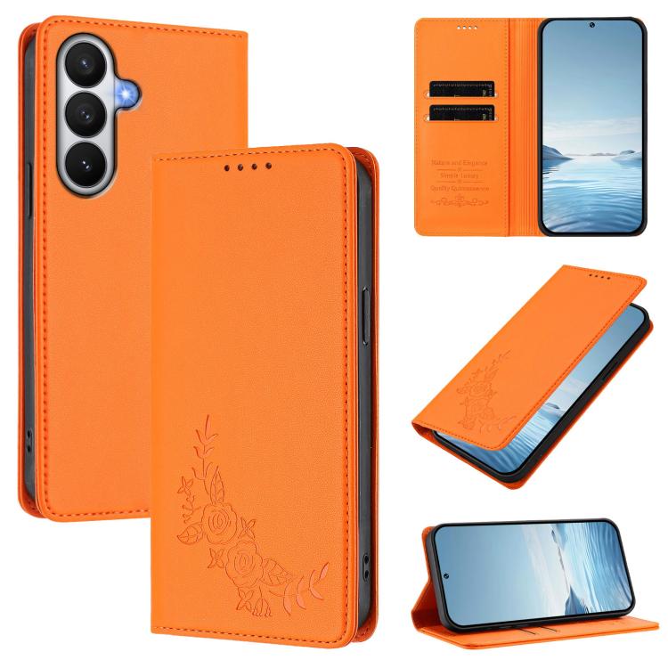 For Galaxy S26 5G Peony Embossed Magnetic RFID Vegan Leather Phone Case(Orange)