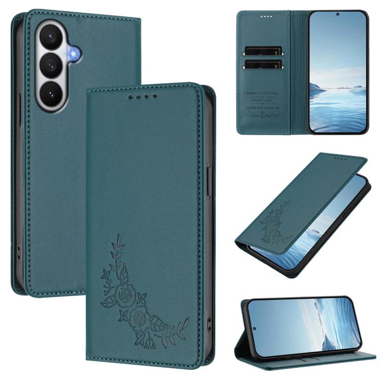 For Galaxy S26 5G Peony Embossed Magnetic RFID Vegan Leather Phone Case(Peacock Green)
