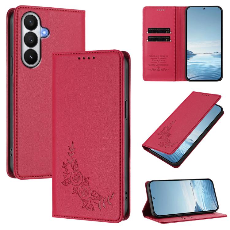 For Galaxy S26 5G Peony Embossed Magnetic RFID Vegan Leather Phone Case(Red)