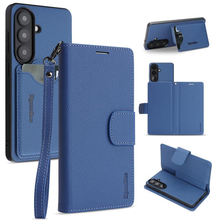 For Galaxy S26 5G Retro Litchi Texture Vegan Leather Magnetic Wallet Phone Case with Wrist Strap(Blue)