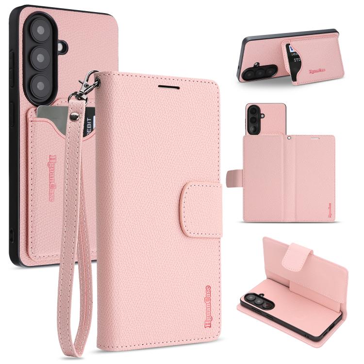 For Galaxy S26 5G Retro Litchi Texture Vegan Leather Magnetic Wallet Phone Case with Wrist Strap(Pink)