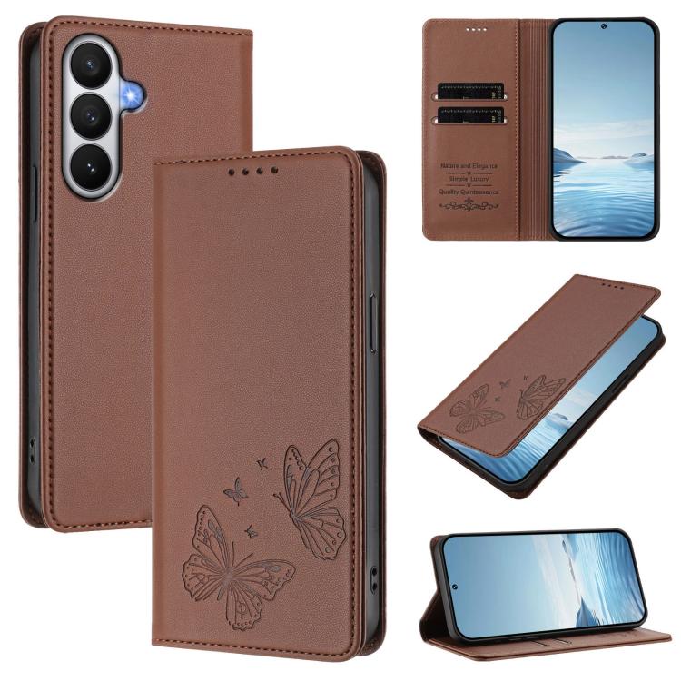For Galaxy S26 5G Strong Magnetic Dual Butterfly RFID Vegan Leather Phone Case(Brown)