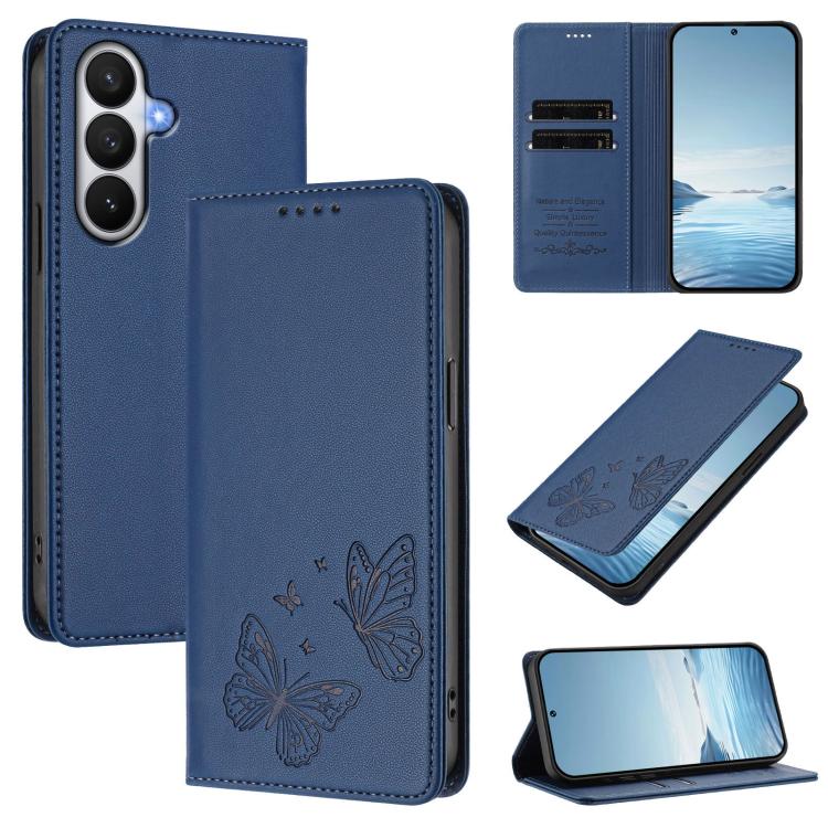 For Galaxy S26 5G Strong Magnetic Dual Butterfly RFID Vegan Leather Phone Case(Dark Blue)