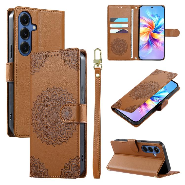 For Galaxy S26 5G Totem Embossed Magnetic Closure Vegan Leather Phone Case with Strap(Brown)