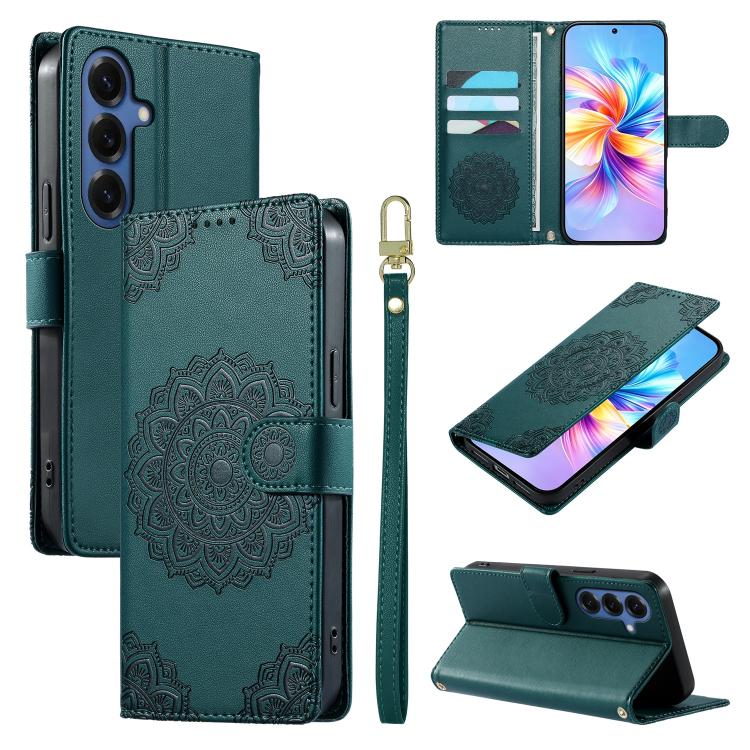 For Galaxy S26 5G Totem Embossed Magnetic Closure Vegan Leather Phone Case with Strap(Dark Green)