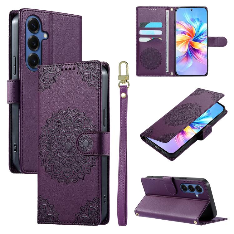 For Galaxy S26 5G Totem Embossed Magnetic Closure Vegan Leather Phone Case with Strap(Purple)