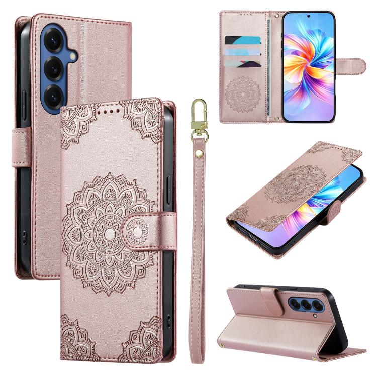 For Galaxy S26 5G Totem Embossed Magnetic Closure Vegan Leather Phone Case with Strap(Rose Gold)